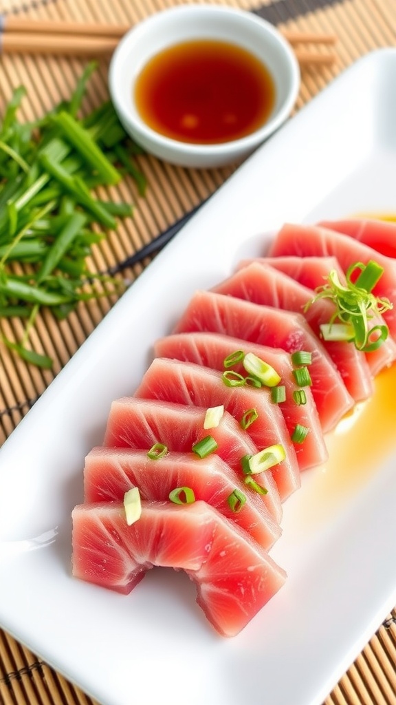 Plate of fresh tuna sashimi with ponzu sauce, garnished with green onions and microgreens.